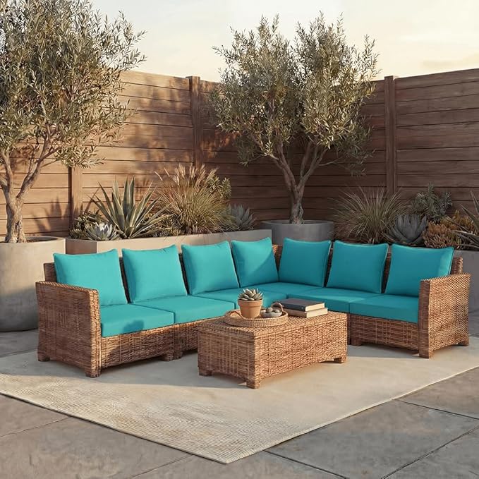 PatioGlow Outdoor Seat Cushion Set, 22" x 22" x 3.5", Set of 2, Water-Resistant & Fadeness Patio Furniture Cushions with Removable Cover & Ties, Thick Deep Seating Pads for Outside Sofa Couch, Teal