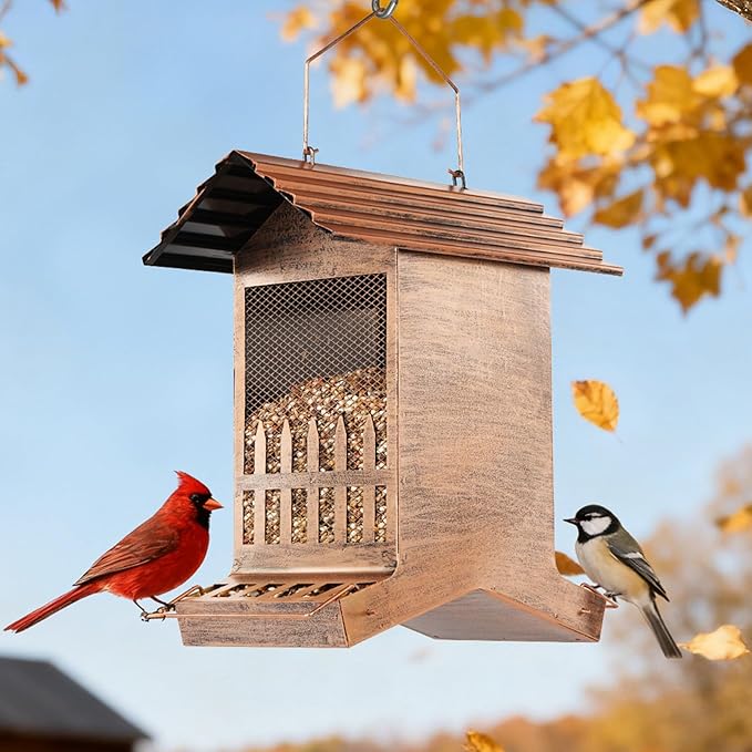 Large Bird Feeder, Extra Large 8 Lbs Capacity with 2-Side Feeding, Weatherproof Wasteproof Hanging Metal Bird Feeders for Outdoor, Easy to Clean & Refill