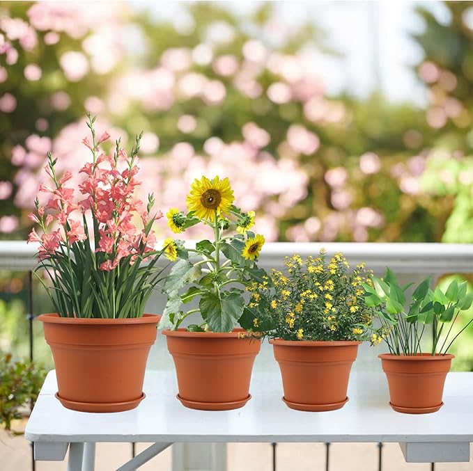Pottiffe 6 Inch Plastic-Flower Pot-for-Indoor Plants, 6 Pack Outdoor Plant Pots with Drainage Holes & Saucers, Resin Garden Pots Planters