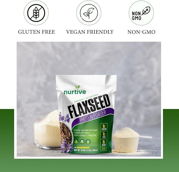 Flaxseed Protein Powder - Plant-Based, Rich in Omega-3 and Antioxidants - Ideal for Post-Workout Recovery - Nutritional Boost for Smoothies & Baking - Non-GMO & Gluten-Free (16 oz / 454g)