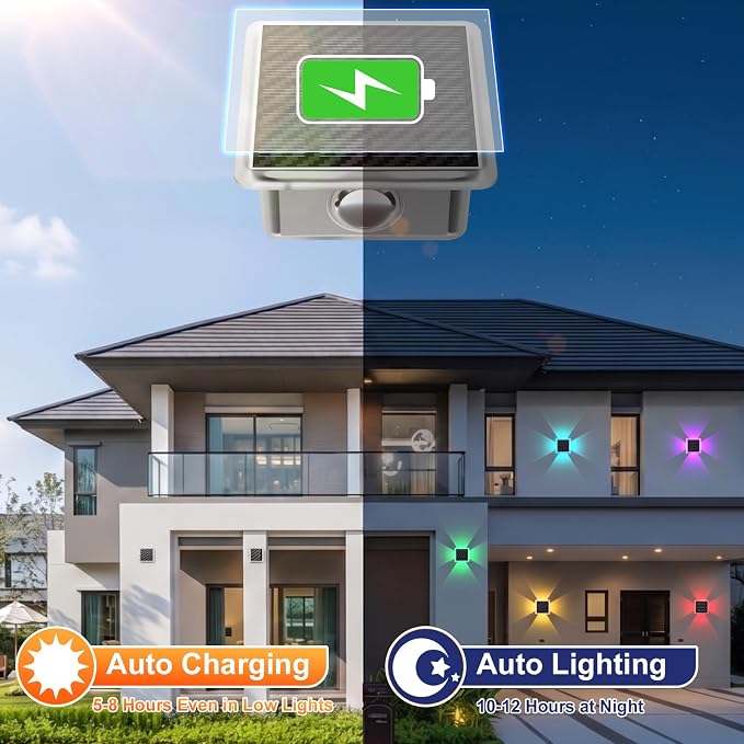 AUDLES Solar Lights Outdoor Waterproof, 4-Sided Glow Solar Wall Lights, Warm White & RGB 8 Modes Color Changing Solar Fence Lights for Doorway Patio Deck Backyard-8 Pack