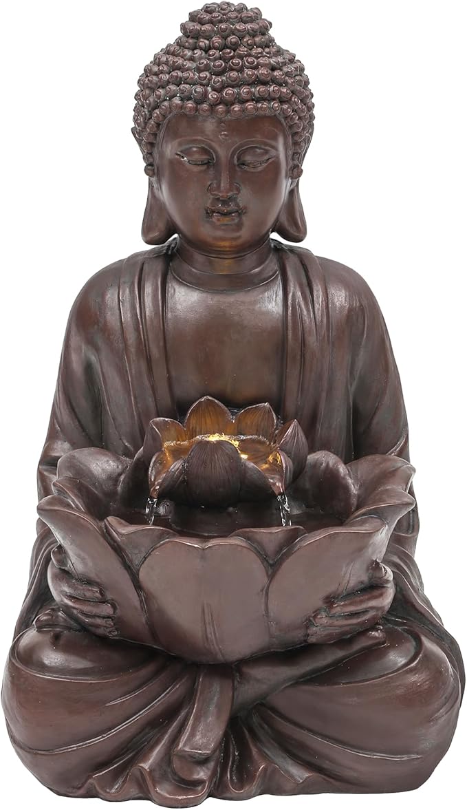 AUTODAYA 18.9" H Buddha Outdoor Water Fountain, Zen Style Garden Fountain with LED Lights and Pump, Relaxing Waterfall for Patio, Porch, or Yard Decor, Faux Bronze
