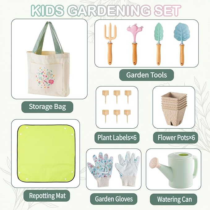 Kids Gardening Set Toys, Garden Tool for Kid with Tote Bag, Repotting Mat, Trowel, Shovel, Fork, Rake, Watering Can and Gloves, Montessori Toy for Kids, Outdoor Toys Gift for Toddlers Boys Girls