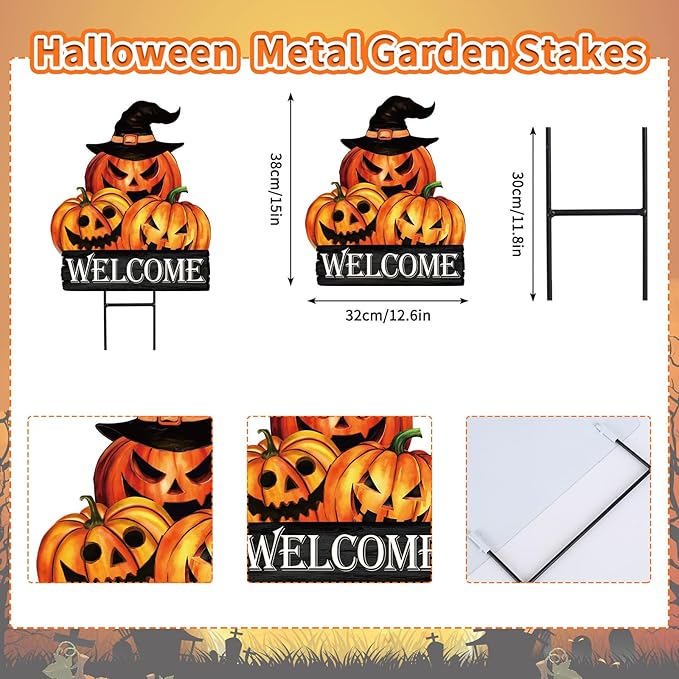 JarThenaAMCS Vintage Halloween Pumpkin Metal Garden Stake Evil Pumpkin Face Decorative Lawn Sign Spooky Welcome Yard Sign for Trick or Treat Home Outside Lawn Porch Decor