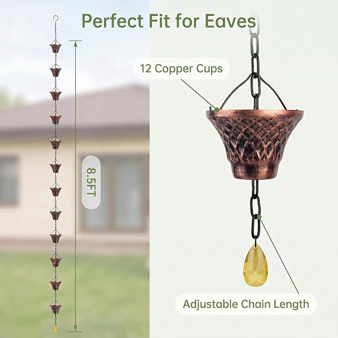 Rain Chains for Gutters Outside for Heavy Rain, 8.5FT Copper Rain Chain with 12 Cups, Adjustable Rain Catcher Chain with Chimes for Eaves Drainage, Replacement for Downspout, Outdoor Decor