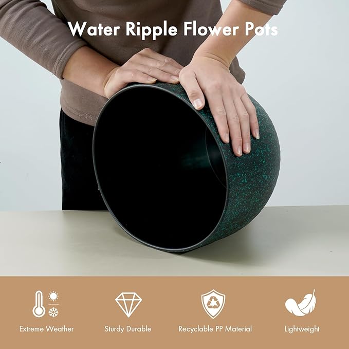 WSMKSZ 12 Inch Wide Water Ripples Flower Pots for Indoor or Outdoor Plants, Large Plant Pots with Drainage Holes & Saucer, Plastic Planters Set for Garden & Home Decor (Black with Green Speckles)