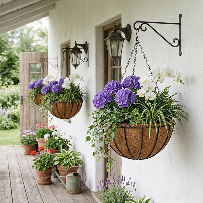 12 Inch Metal Hanging Basket with Coco Coir Liner for Flowers Planting, 6 Pack Hanging Baskets for Plants Outdoor, Round Wire Planters with Chain for Home Patio Porch Balcony Garden Decor