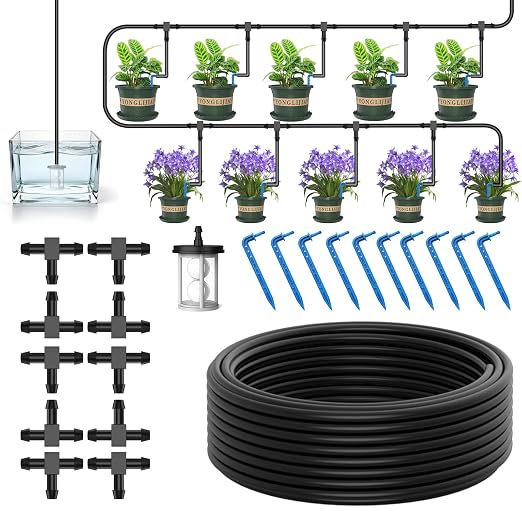 Automatic Drip Irrigation System Kit - 33ft Hose, Filter, 10 Tee Connectors & 10 Drippers, for Potted Plants
