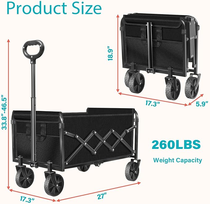 Wagons Carts Foldable,Folding Wagon Cart, Collapsible Utility Wagon with Adjustable Handle, Portable Grocery and Shopping Wagon for Apartment, Park, Sports, Picnic and Daily Use