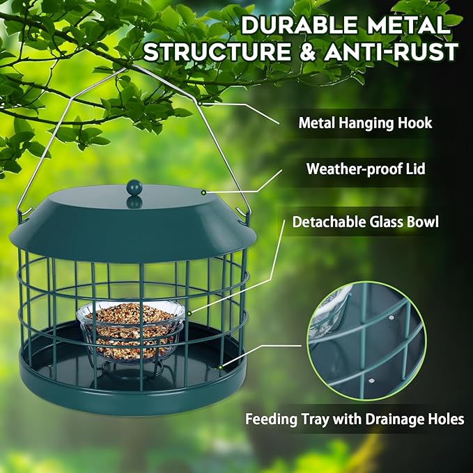 Gbekery Caged Bluebird Feeder for Mealworms with Glass Bowl, Squirrel Proof Bird Feeder for Small Birds Only, Detachable Hook, Large Space, Outdoors Weatherproof, Metal, Green