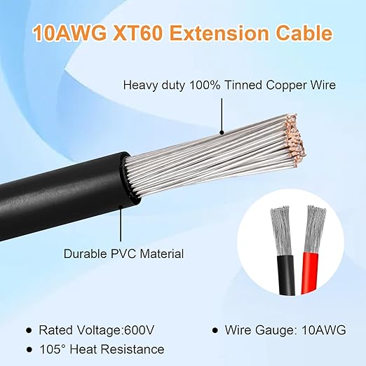 10AWG 3FT XT60 Solar Extension Cable 2 3 6 10 15 20 25 35 40 50 75 100FT XT60 Solar Extension Connector Adapter Thicker Cable Female to Male for Portable Power Station Solar Panel RC LiFePO4 Battery