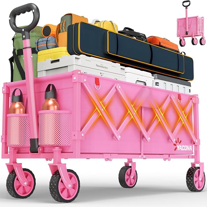 35" L Extra Long Wagons Carts Foldable, 360LBS Heavy Duty Collapsible Wagon with Wheels, Folding Wagon Portable Utility Cart for Groceries, Shopping, Camping, Sports (Pink, 180L)