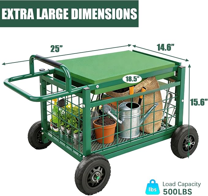 FLINTER Extra-Large Rolling Garden Cart and Kneeler, 2026 Heavy Duty Gardenning Cart with Seat and Kneeler - Garden Rolling Stools with Wheels for Seniors, Lawn, Patio & Backyard Gardening, Green