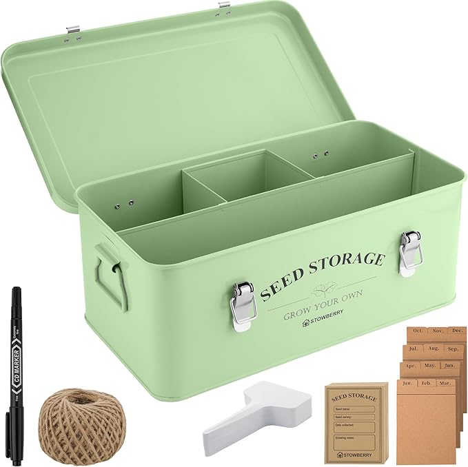 Seed Storage Box Organiser – Green Garden Seeds Tin with Lid, Side Handles, 4 Compartments & Safety Lock – Seed Packet Container for Gardeners – Gardening Gift Idea with Over 100 Accessories