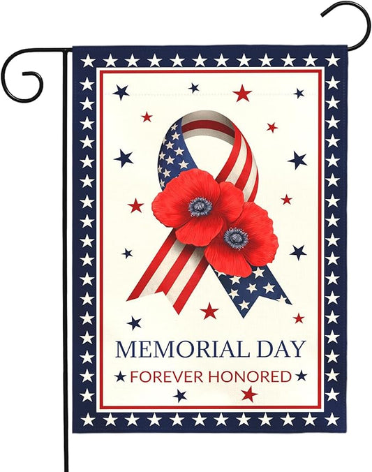 Memorial Day Garden Flag Forever Honored Patriotic Outdoor Yard American Flags Ribbon Poppy Honor Fallen Soldiers Military Remembrance House Banner Porch Patriotic Home Decor 12x18 Inch