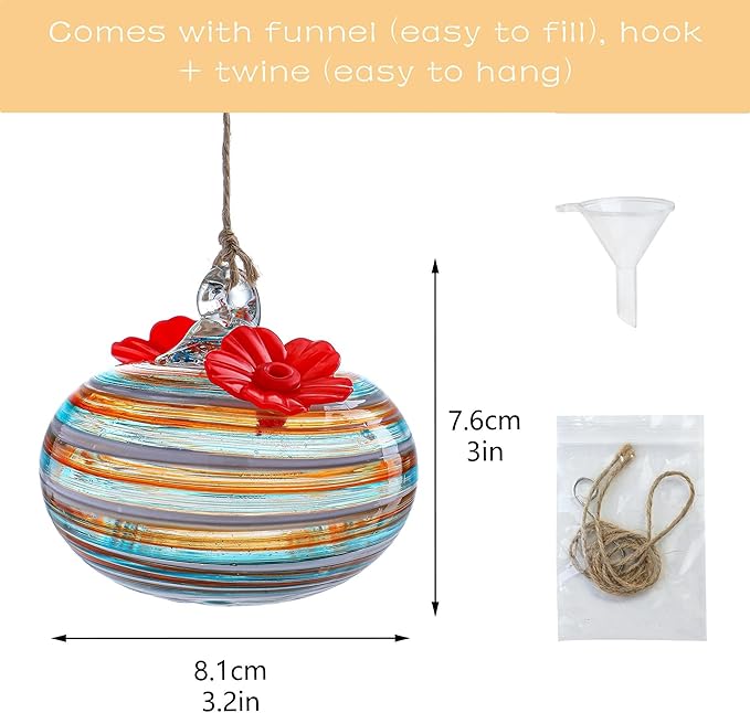 Small Glass Hummingbird Feeders for Outdoors 3in Hanging Blown Glass Ball Humming Birds Feeder with 2 Feeding Ports for Outside Garden Patio Decor for Window