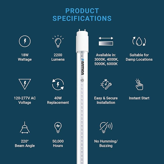 PARMIDA 20-Pack 4FT LED T8 Ballast Bypass Type B Light Tube, 18W, UL-Listed for Single-Ended & Dual-Ended Connection, 2200lm, Clear Lens, T8 T10 T12, UL, FCC - 6000K