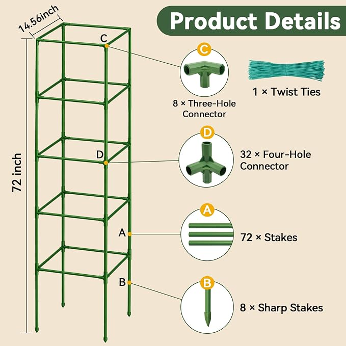 Halatool 2 Pack 72" Tall Square Tomato Cages - Heavy Duty Metal Plant Cage for Indeterminate Tomatoes, Reusable Trellis for Garden Vegetables, Up to 6ft Supports for Peppers, Cucumbers, Raised Beds