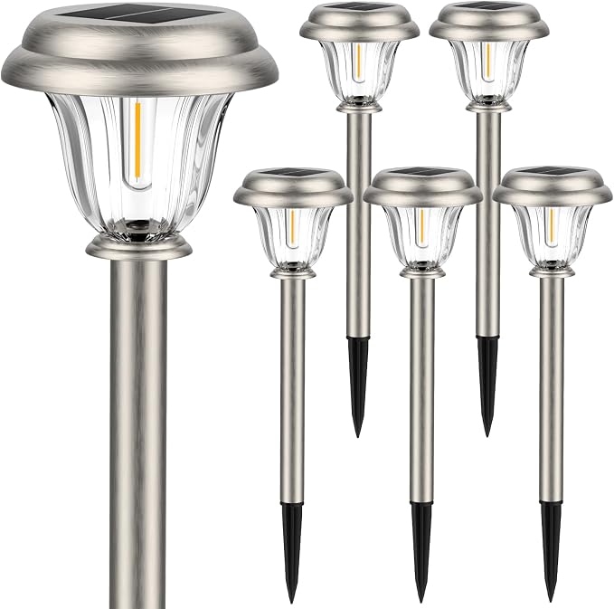 DERAYSION Solar Lights Outdoor Pathway, 6 Pack Stainless Steel Glass Solar Garden Lights, Auto On/Off Long-Lasting Waterproof Outdoor Solar Lights for Yard, Landscape, Path, Driveway, Walkway Décor | Glass Sturdy Stainless Steel, Long-Lasting driveways...