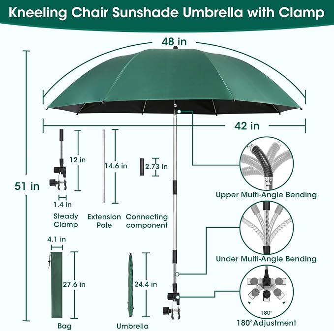 2-in-1 Garden Kneeler with Umbrella, Garden Kneeling Bench & Green Umbrella, Portable Garden Stool Loads Capacity 330lb and Garden Tools Bag with bottle holder, Gardening Gifts for Women,Men,Seniors