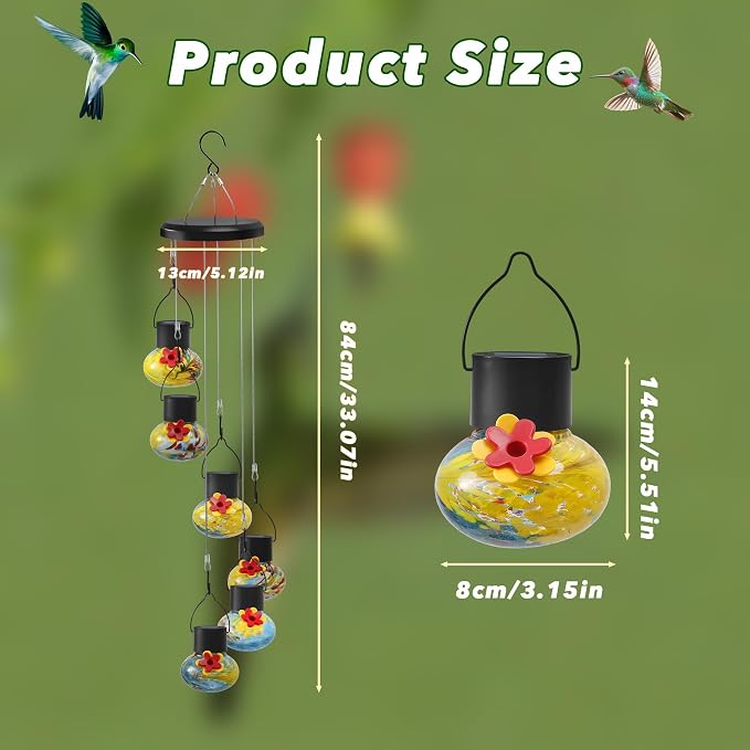 Solar-Powered Hummingbird Feeder with Wind Chime Elegance – 6 Leak-Proof Glass Ports, Frosted Design & Blue Yellow Night Lights – Perfect Outdoor Gift for Nature Enthusiasts