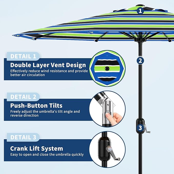 Garvee 9 ft Patio Umbrella - 8 Sturdy Ribs Outdoor Table Umbrella with Crank Lift & Push Button Tilt - Market Umbrella for Pool, Deck, Yard, Garden - Tricolor Stripe