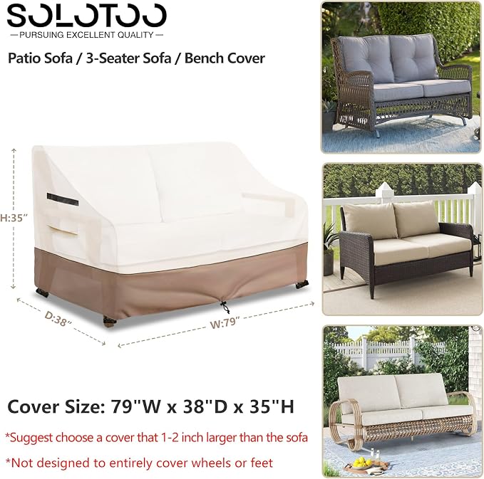 Outdoor Couch Cover Waterproof Heavy Duty Patio Furniture Covers, 79W x 38D x 35H Inches 3 Seater Outdoor Sofa Cover (Beige)