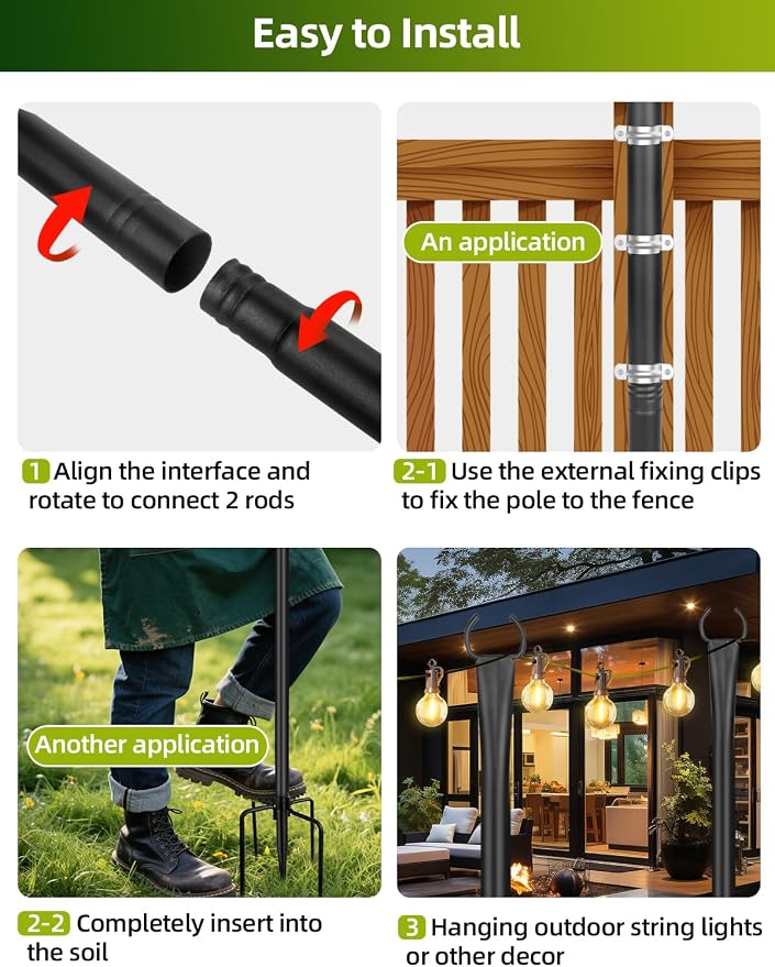 6 Pack String Light Poles for Outside, 10ft Metal Outdoor String Light Poles for Deck - Ideal for Patio, Garden, Yard, Front Porch Decorations, Black