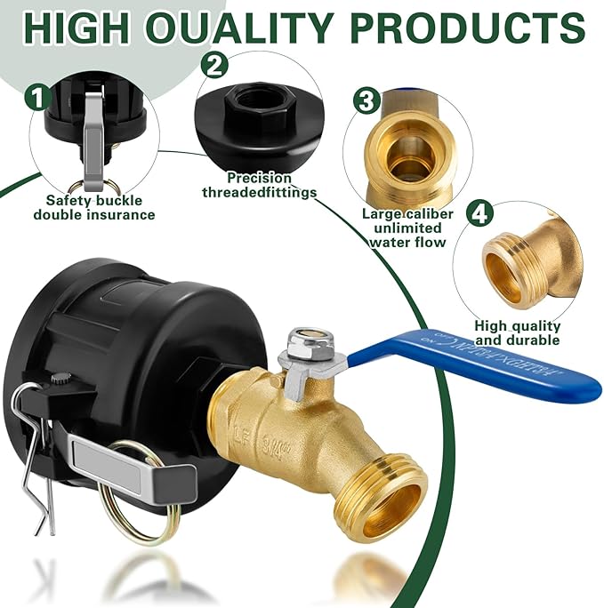 IBC Tote Adapter, 2" Cam Lock for 275-330 Gallon IBC Tote Tank with 2packs Groove Fittings, IBC Tote to Garden Hose Adapter with Brass Hose Faucet (3/4" Male NPT Inlet ×3/4" Male GHT Threaded)
