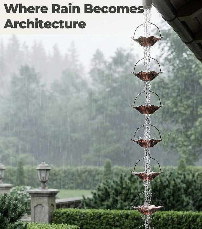 Copper Rain Chain for Gutters, 12 Cup Lotus Decorative Water Feature, 8FT 7IN Adjustable Metal Chain Rain Diverter for Outdoor Garden Décor with Crystal Accent