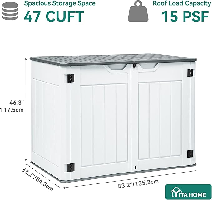 YITAHOME Large Outdoor Horizontal Storage Shed, 47 cu ft Resin Tool Shed w/o Shelf, Outdoor Waterproof Storage with Floor for Trash Cans, Garden Tools, Lawn Mower, Lockable, 4.5x2.8x3.9 ft, Light Gray