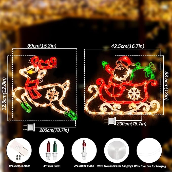 50L Lighted Christmas Sculpture,Including: Deer x1,Santa and Sleigh x1， for Holiday Indoor and Outdoor Wall Door Christmas Window Decorate