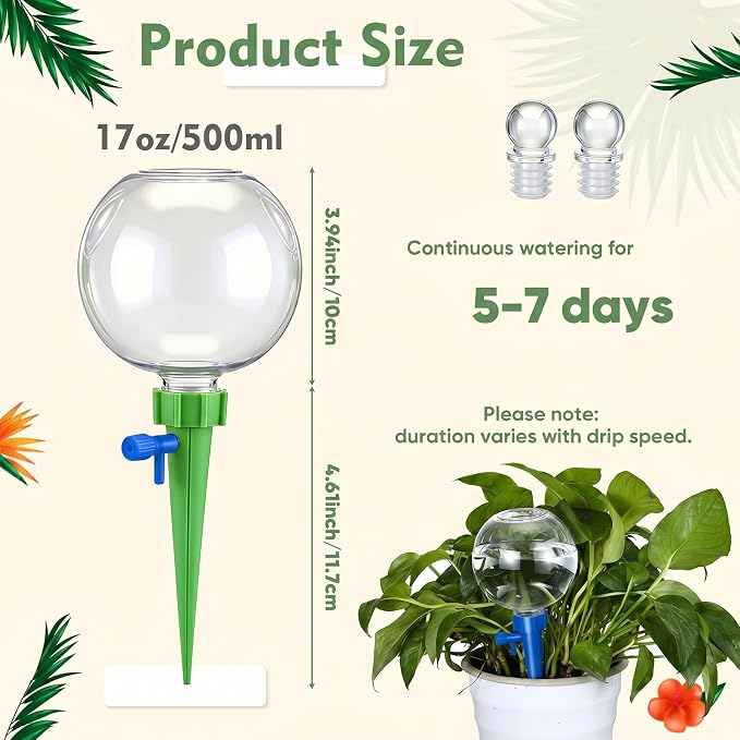 12 Pcs 17oz Plant Self Watering Globes for Indoor Outdoor Adjustable Plants Plastic Water Bulbs Top to Fill Plant Self Watering Planter Insert Water Devices System Spikes Stakes (Green)