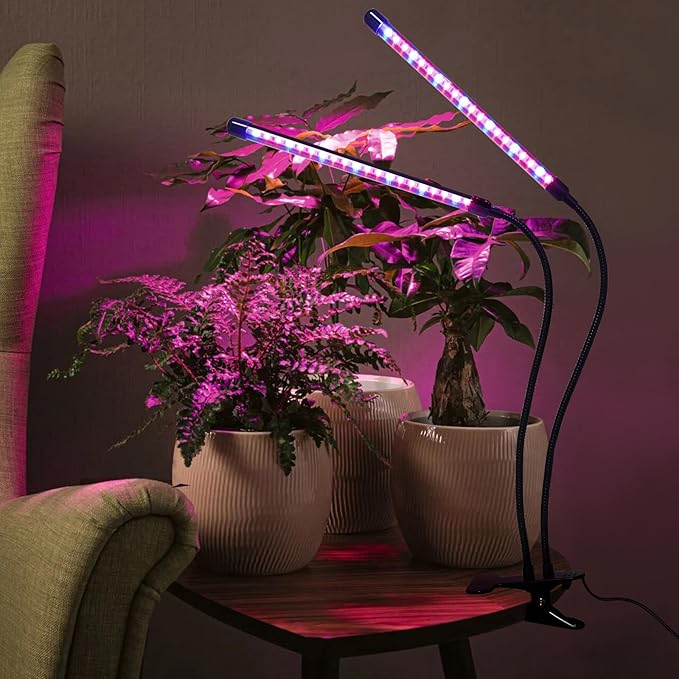 Solar Grow Lights with Batteries, 2 Heads Clip Plant Growing Lamp with Red Blue Spectrum for Indoor Plants, 3/9/12H Timer, 3 Dimmable Level, Adjustable Gooseneck,3 Switch Modes, Auto On Off