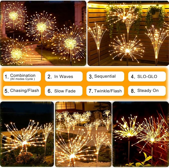 Solar Fireworks Lights for Outside,150 LED 8 Mode Firework LED Solar Fairy Lights Twinkling Tree Outdoor for Garden Yard Landscape Patio Lawn Wedding Christmas Part Decor Warm White (4 Pack)