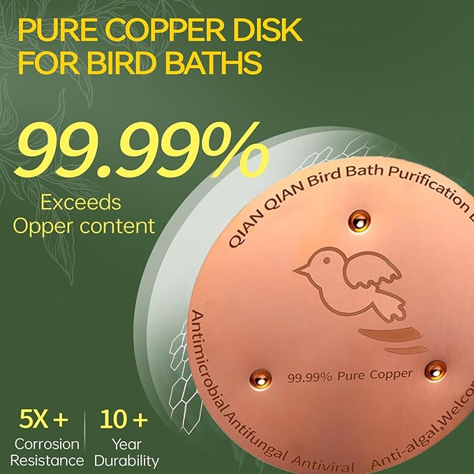 Bird Bath Copper Disk, Copper Bird Bath Purification Disk, Pure Copper Cleaning Disk with Triple-Point Support for Physical Safe Clean Water All-Season, Universal Fit for Outdoor Bird Baths & Bowls