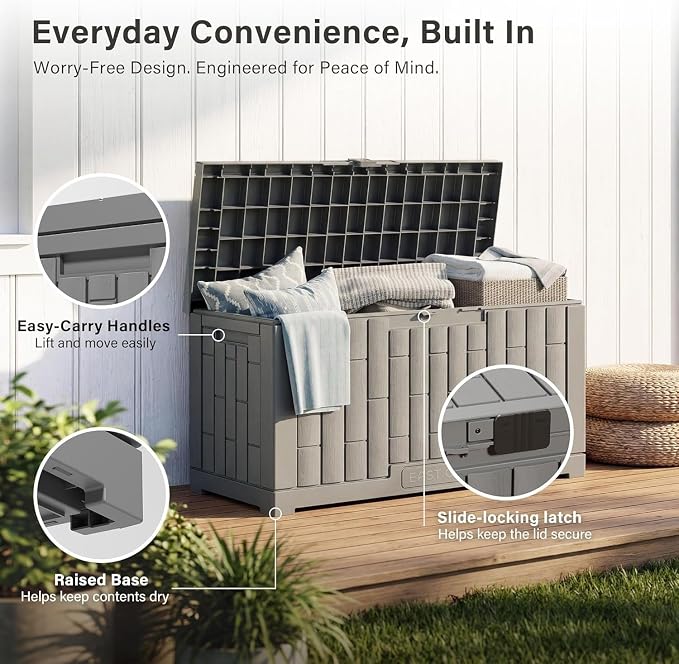 EAST OAK 2-Piece Outdoor Storage Box Set, 31 Gallon & 60 Gallon Waterproof UV-Resistant Resin Deck Boxes, Lockable Storage for Patio Cushions, Garden Tools, Pool Accessories, Grey
