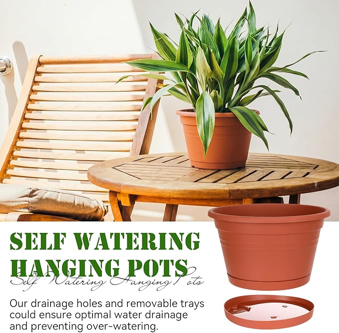 Roshtia 20 Pcs 10 Inch Hanging Baskets for Plants Large Plastic Hanging Basket Pots with Drainage Trays Self Watering Planter Pots for Outdoor Indoor Plants Flowers Garden Balcony (Brown)