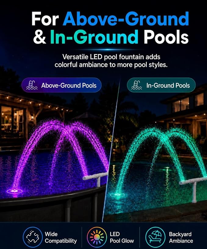 Solar Pool Fountain with 18 LED Lights, Dual-Head Waterfall Sprinkler, Remote Control, 11 Colors & 6 Modes, Adjustable Height & Direction for Above & In-Ground Pools