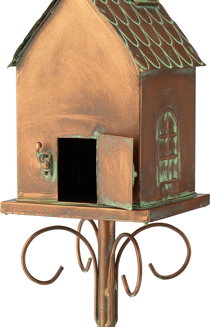 Glitzhome Bird House for Outdoors, 53.00" H Farmhouse Faux Copper Distressed Metal Bird House Church Birdhouse Decorative Garden Birdhouse with Stake