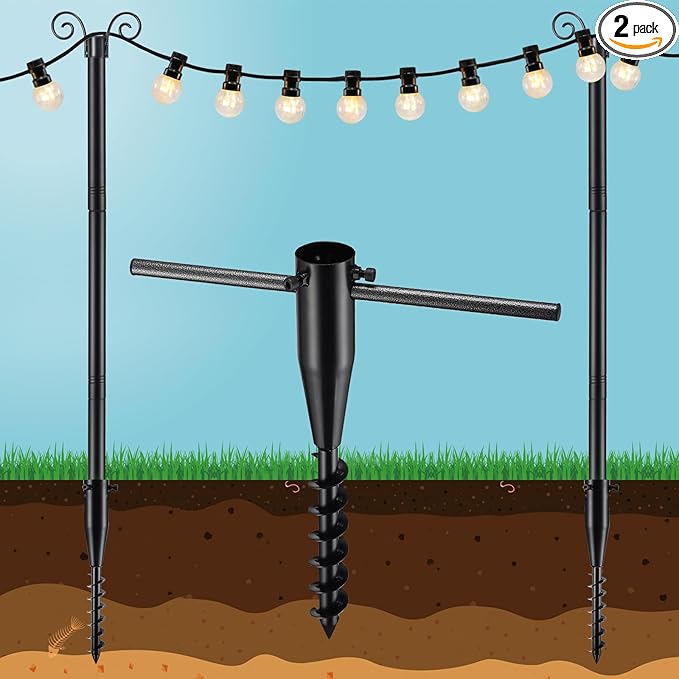 String Light Poles for Outside 10 FT, 2 Pack Outdoor Patio Poles for Hanging String Lights, Heavy Duty Metal Posts with Auger Ground Anchor, 1.5 inch Diameter Adjustable Garden Light Stands for Yard
