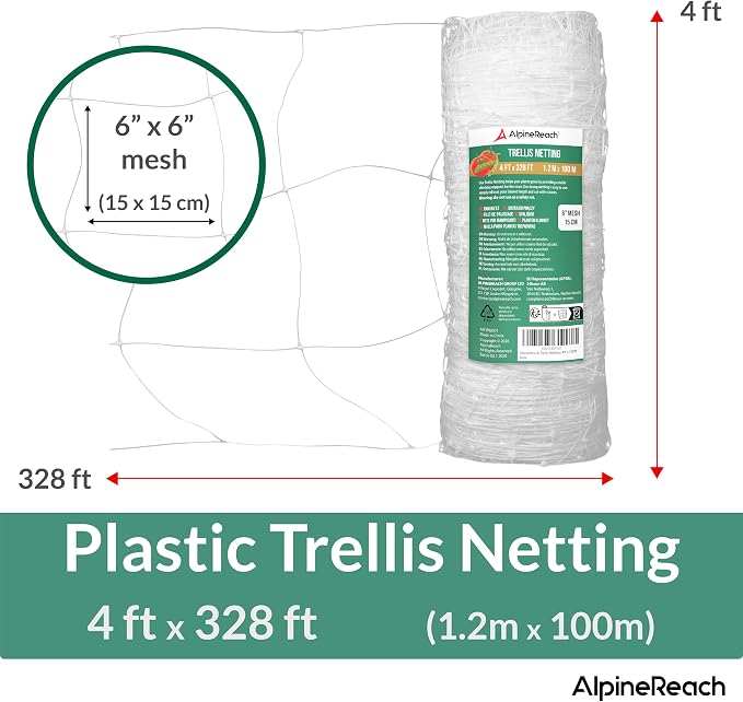 AlpineReach Trellis Netting 4ft x 328ft Heavy Duty Plastic White - 6 Inch Mesh Support Twine for Growing High Yield Tomatoes, Peas, Vine Climbing Plants Fruits Vegetables