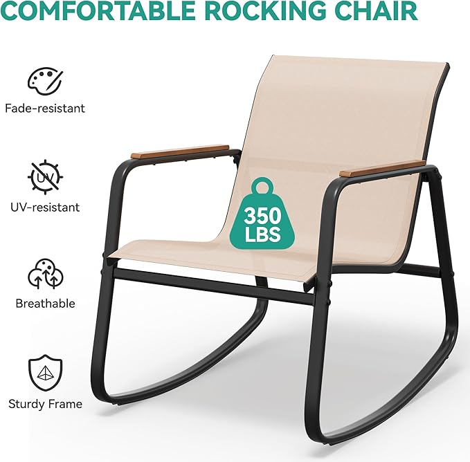 YITAHOME 3 Piece Rocking Bistro Set, Outdoor Patio Furniture Set with Wooden Armrests, Porch Chairs Set with Glass Table for Lawn, Garden, Balcony, Poolside, Beige