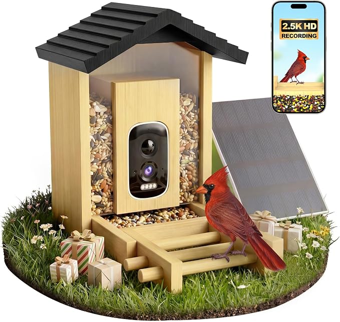 Bamboo Bird Feeder with Camera, 2.5K HD Smart Bird Feeder with Camera, Solar Bird Feeder with AI Recognition, Wooden Bird House with Camera, Squirrel Proof, Dual Seed Bird Feeders for Outdoors