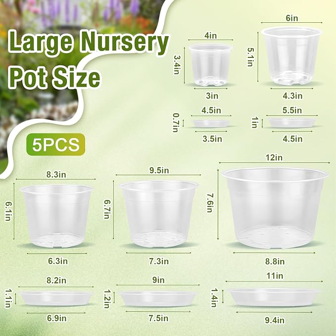 12/10/8/6/4 Inch Clear Nursery Pots with Drainage and Saucers, 20 Pack Large Clear Plastic Nursery Pots for Plants, Seedling Plant Pots for Repotting and Growing Plants, Flowers & Vegetables