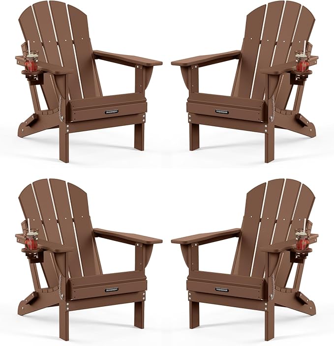MUCHENGHY Folding Adirondack Chairs Set of 4, Patio Chairs, Lawn Chairs, Outdoor Chair, Adirondack Chair Plastic, Fire Pit, Weather Resistant with Cup Holder for Deck, Backyard, Garden(Brown)