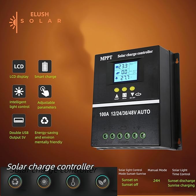 100A MPPT Solar Charge Controller 12V 24V 36V 48V LCD Display Battery Intelligent Regulator Max 100V Input Dual USB for Lead-Acid/Lithium (100A)