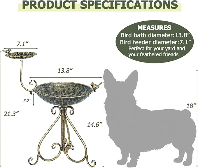 Bird Baths for Outdoors, Free-Standing Bird Bath and Bird Feeder 2-in-1 Design, Metal Bird Bath Stand and Bird Feeder Seed Tray for Garden Yard Decor