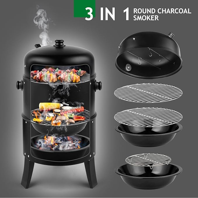 Outvita Vertical 17 Inch Charcoal BBQ Smoker, 3-in-1 Portable Outdoor Grill Cooker with Built-in Thermometer for Outdoor Backyard Cooking Grilling Camping