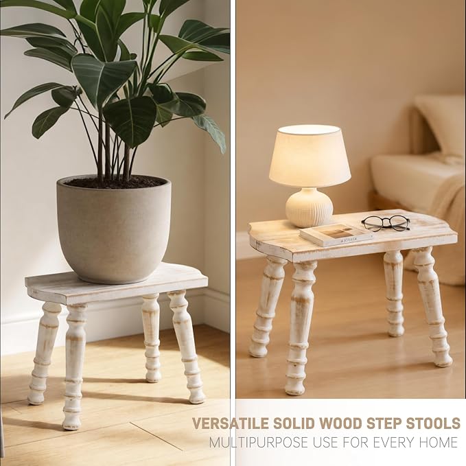 100% Solid Wooden Stool, Farmhouse Wood Step Stool for Adults, Rustic Plant Stool, Vintage Small Stools for Bathroom, Kitchen, Bedroom, Plant Stand, Home Decor